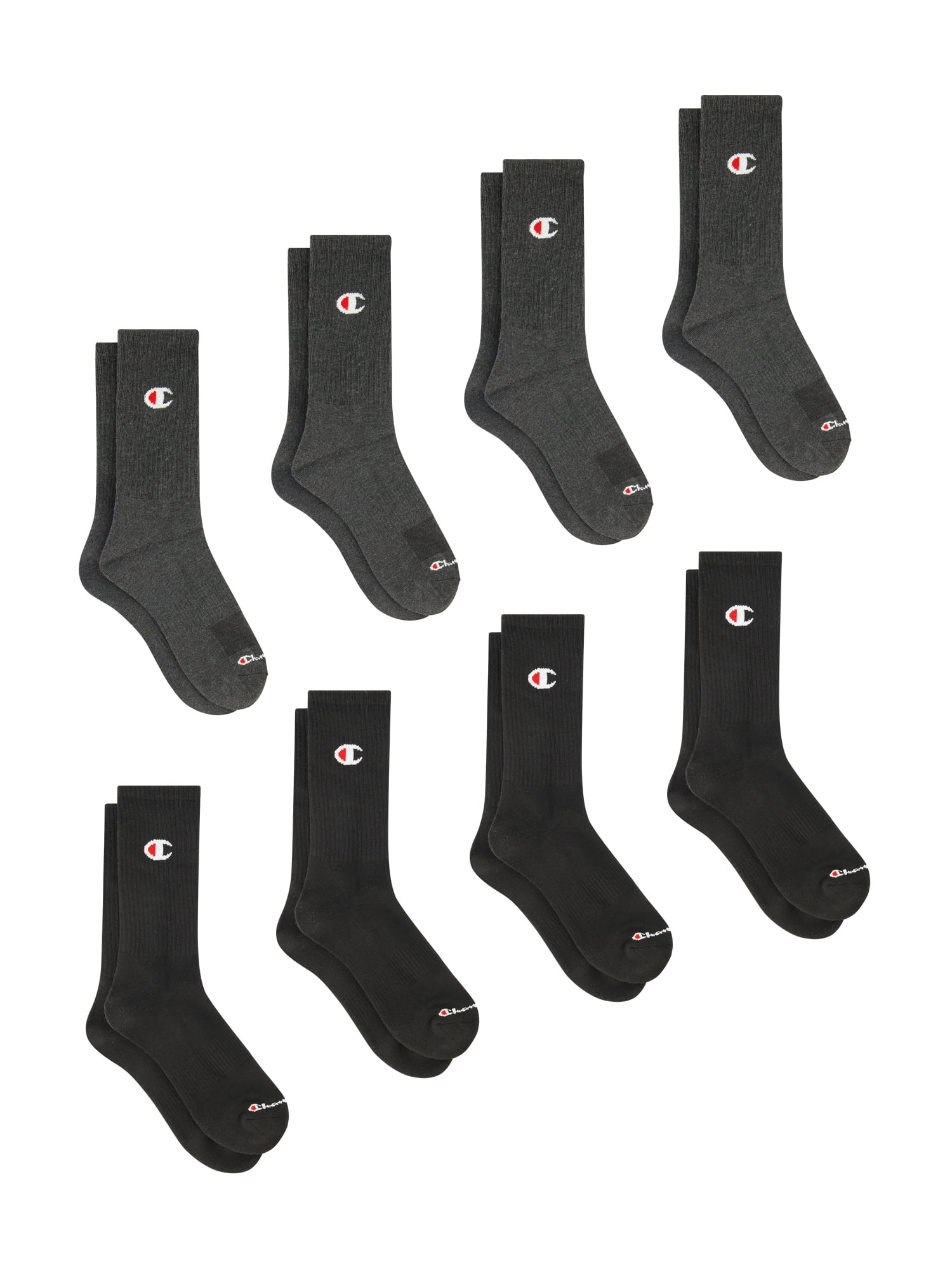 Champion Men’s Crew Socks 8 Pack – Half Terry Cushion, Moisture-Wicking, Arch Support, Reinforced Toe & Heel, Sizes 6–12.5