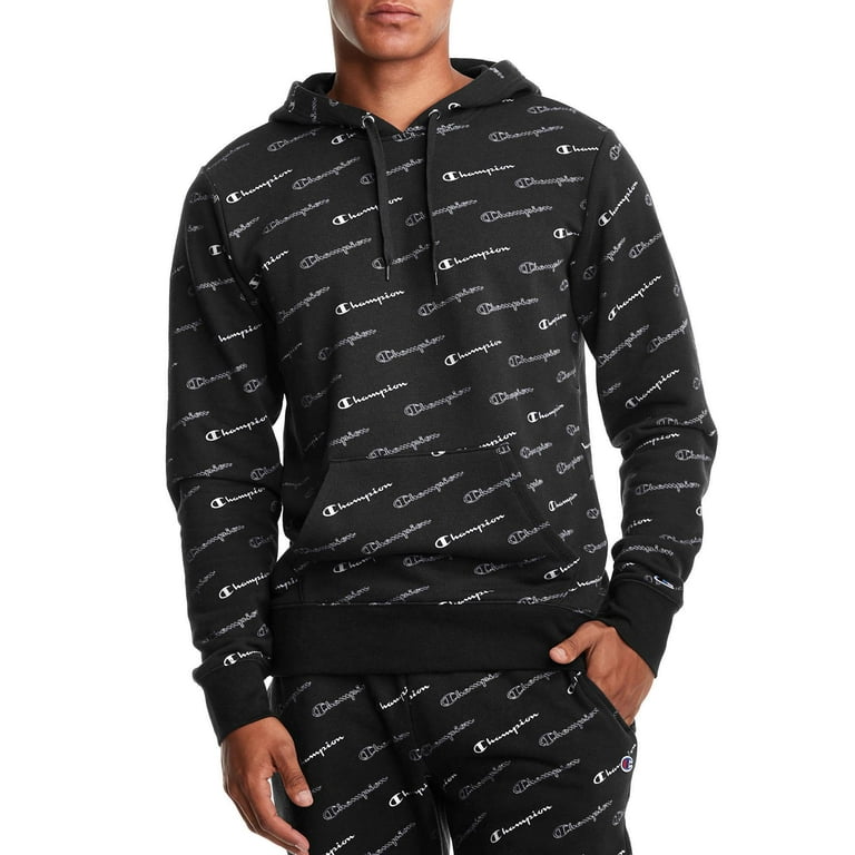 Free Shipping Champion Men s Diagonal All Over Script Logo Print Fleece Pullover Hoodie up to Size 2XL Walmart
