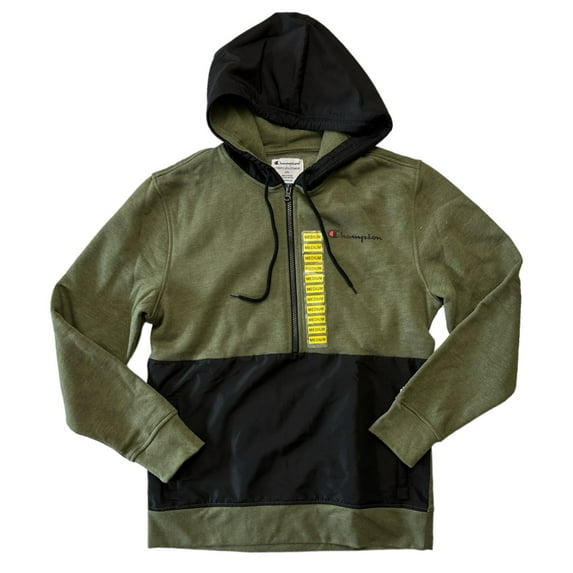Champion Men's Fleece Woven-Mix Half Zip Two Tone Hoodie (Cargo Olive Heather, XL)