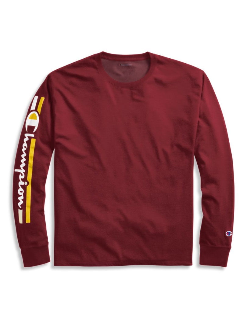 Champion Men s GT78H L Slv Striped Script Logo Crew Neck T Shirt Cherry Red 2XL Walmart