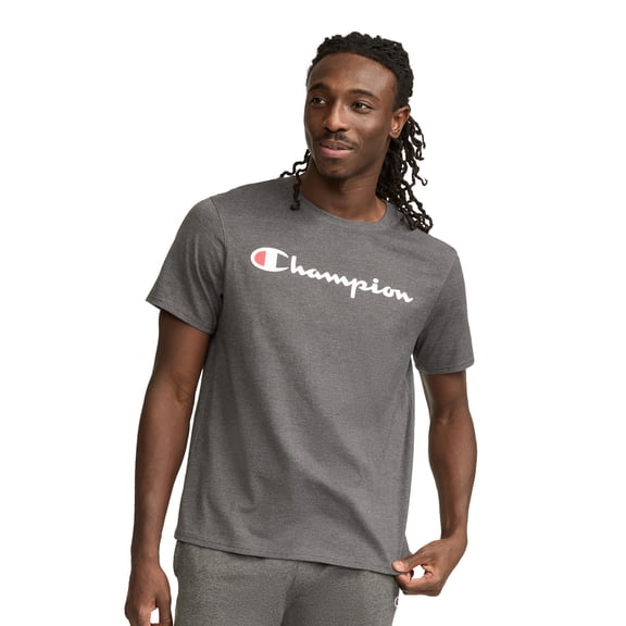 Champion Men's Graphic Short Sleeve T-Shirt, Standard Fit, Classic Script Logo, Midweight 100% Cotton, Sizes S-4XL