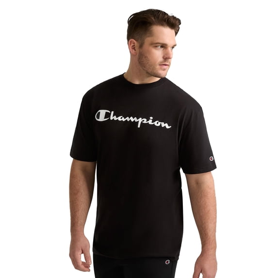 Champion Men's Graphic Short Sleeve T-Shirt, Standard Fit, Classic Script Logo, Midweight 100% Cotton, Sizes S-4XL