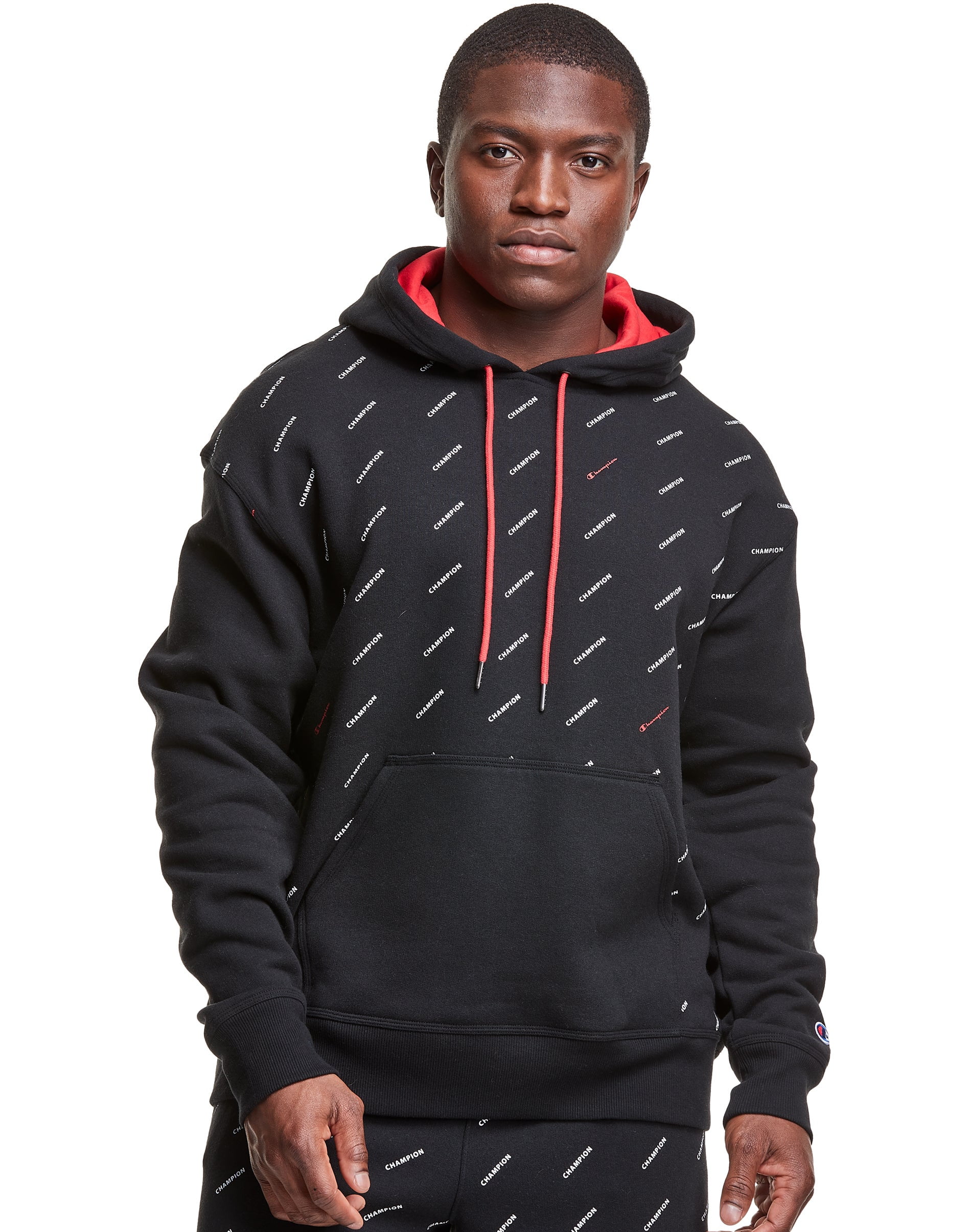 Champion Men s Hoodie Powerblend Allover Logo Active Pullover Hooded Sweatshirt Black M Walmart