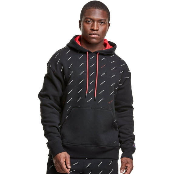 Champion Men's Hoodie Powerblend Allover Logo Active Pullover Hooded Sweatshirt, Black, XL