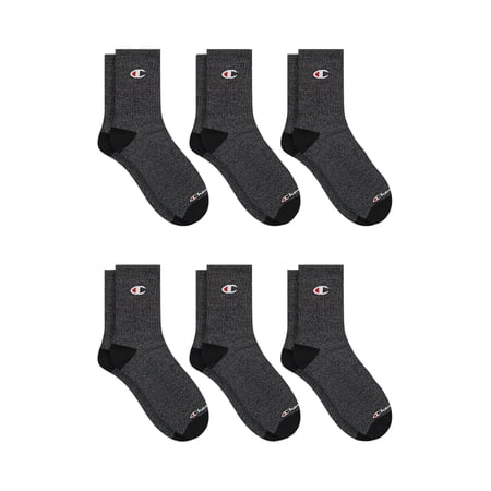 Champion Men’s Mid Crew Socks 6 Pack – Half Terry Cushion, Moisture-Wicking, Arch Support, Stretch Comfort, Sizes 6–12.5