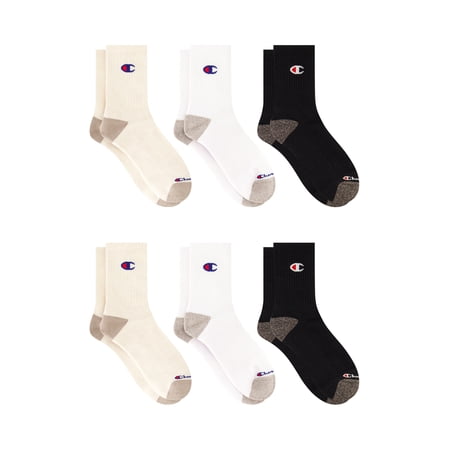 Champion Men’s Mid Crew Socks 6 Pack – Half Terry Cushion, Moisture-Wicking, Arch Support, Stretch Comfort, Sizes 6–12.5