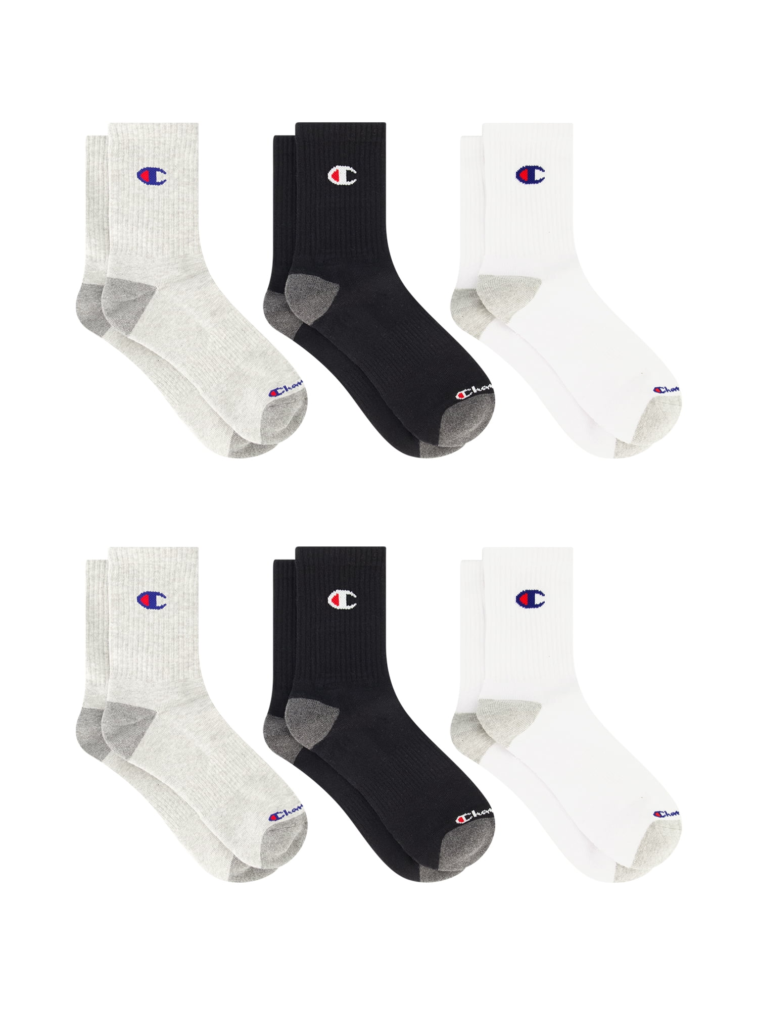 Champion Men’s Mid Crew Socks 6 Pack – Half Terry Cushion, Moisture-Wicking, Arch Support, Stretch Comfort, Sizes 6–12.5