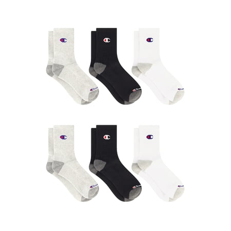 Champion Men’s Mid Crew Socks 6 Pack – Half Terry Cushion, Moisture-Wicking, Arch Support, Stretch Comfort, Sizes 6–12.5