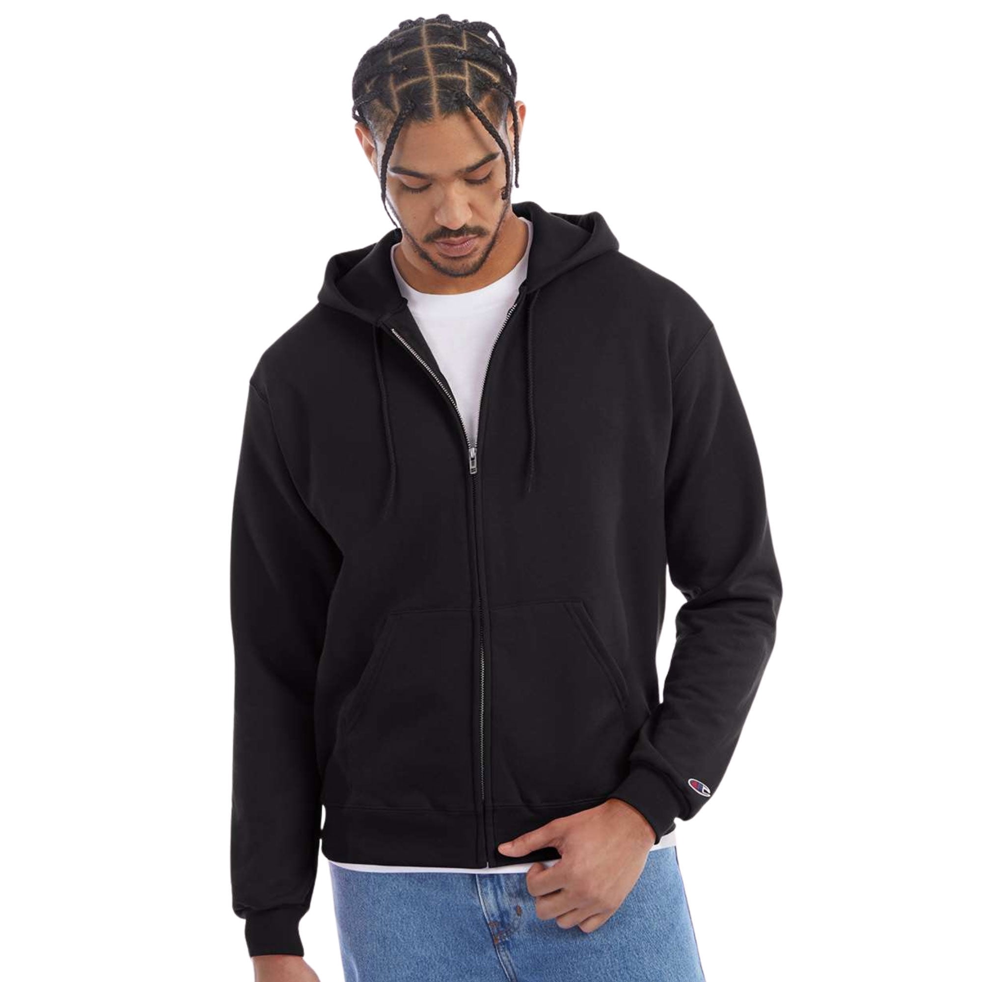 Champion Men's Powerblend Full-Zip Hooded Sweatshirt, 50/25/25 Cotton//Recycled Polyester Winter Fleece Jackets (Black, L)