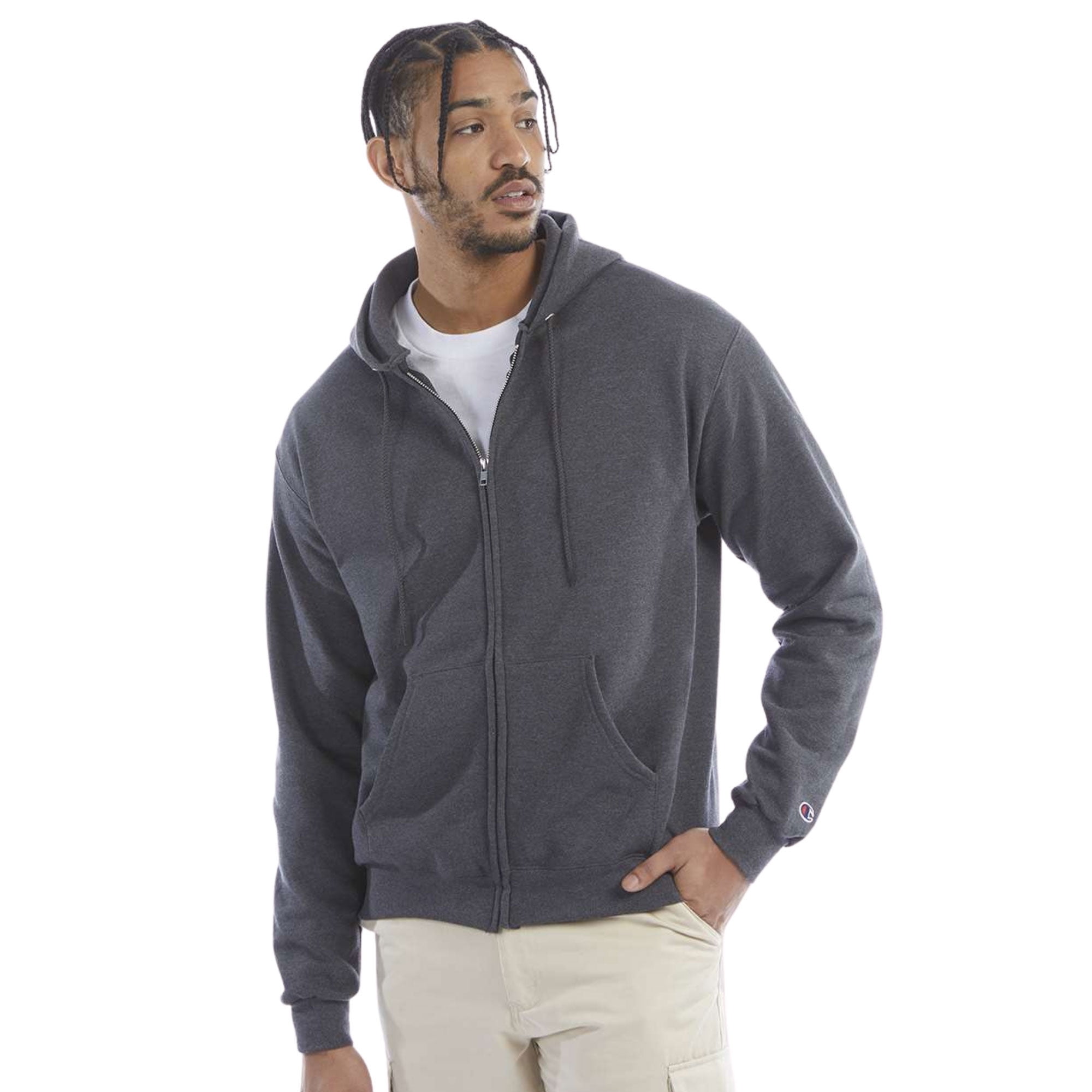Champion Men's Powerblend Full-Zip Hooded Sweatshirt, 50/25/25 Cotton//Recycled Polyester Winter Fleece Jackets (Charcoal Heather, 2XL)