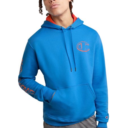 Champion Men's Powerblend Standard Fit Logo Print Fleece Hoodie Blue Size Large