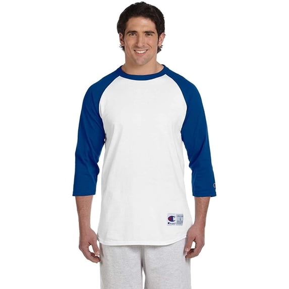 Champion Men's Raglan Baseball T-Shirt, White/Team Blue, Small