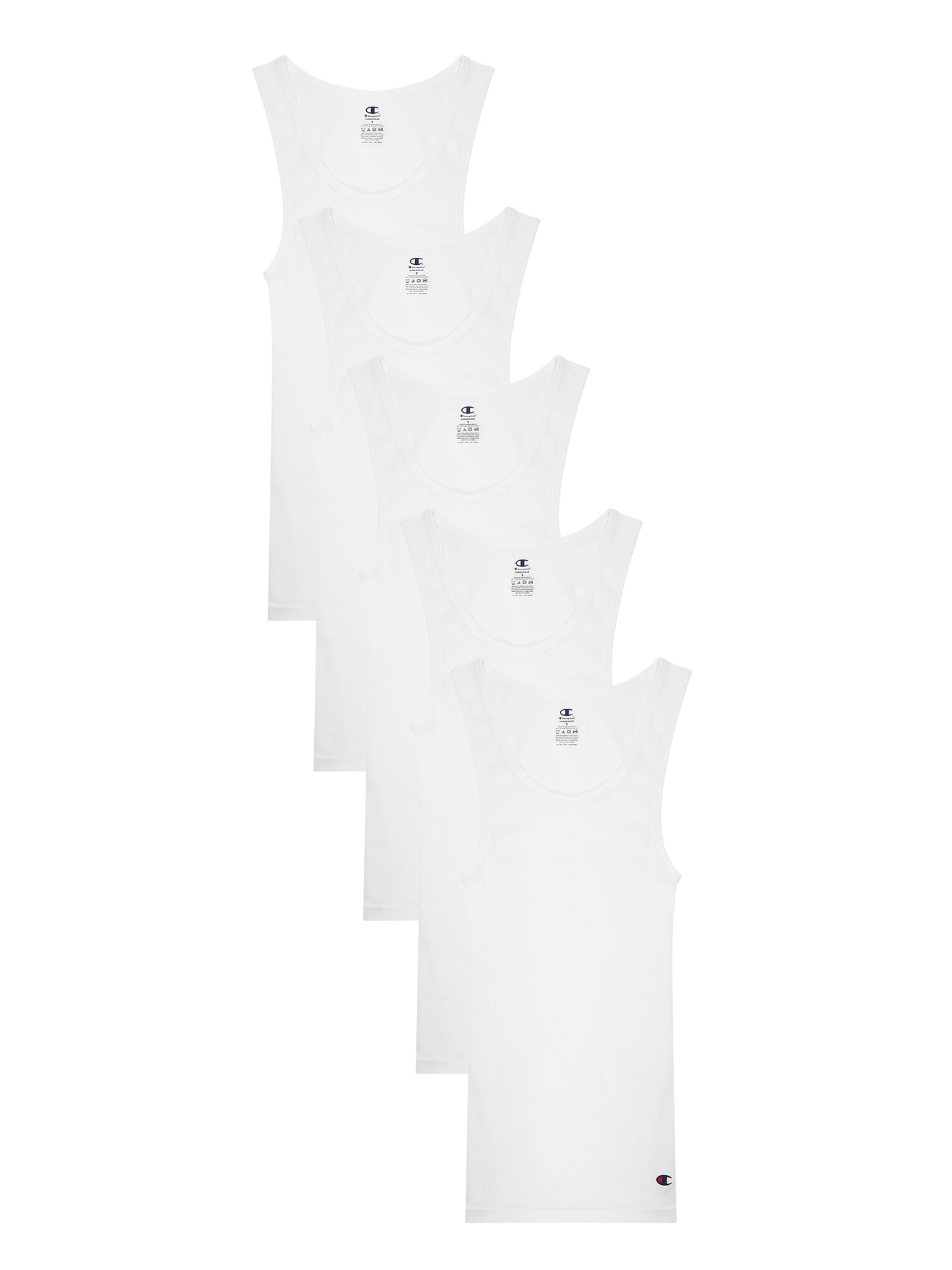 Champion Men’s Tank – 5 Pack Cotton Flex Rib Undershirts, Cotton/Polyester Blend, Tag-Free Comfort, Sizes S–2XL