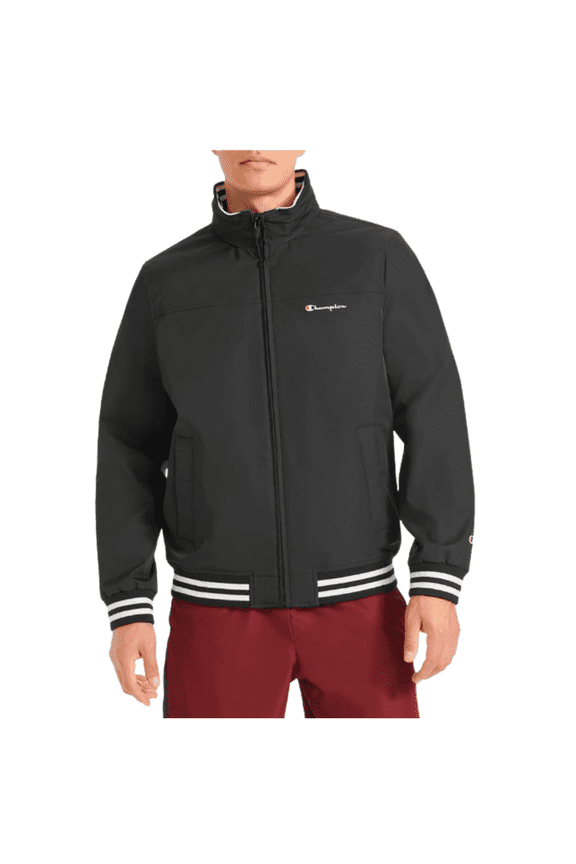 Men's Water Resistant Varsity Bomber Jacket w/ Flex Stand Collar Black -(Large)