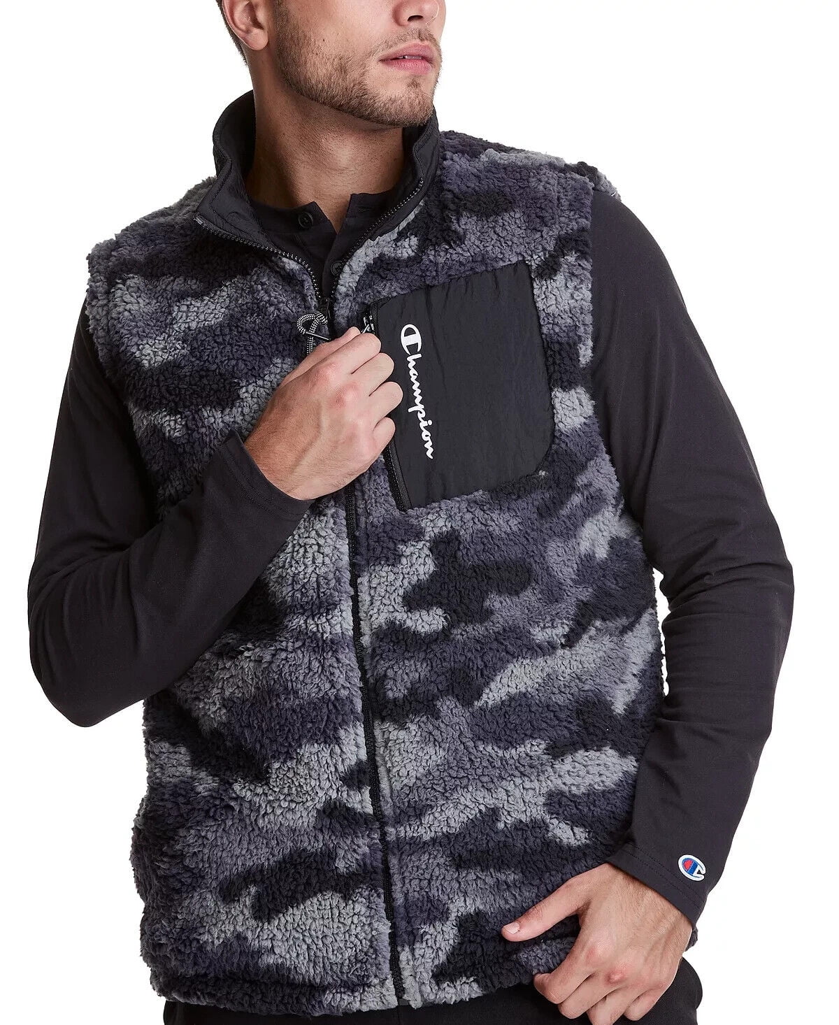 Champion Mens AOP Reversible Sherpa Vest Medium Cammo Gravel Path Grey Black Walmart Business Supplies