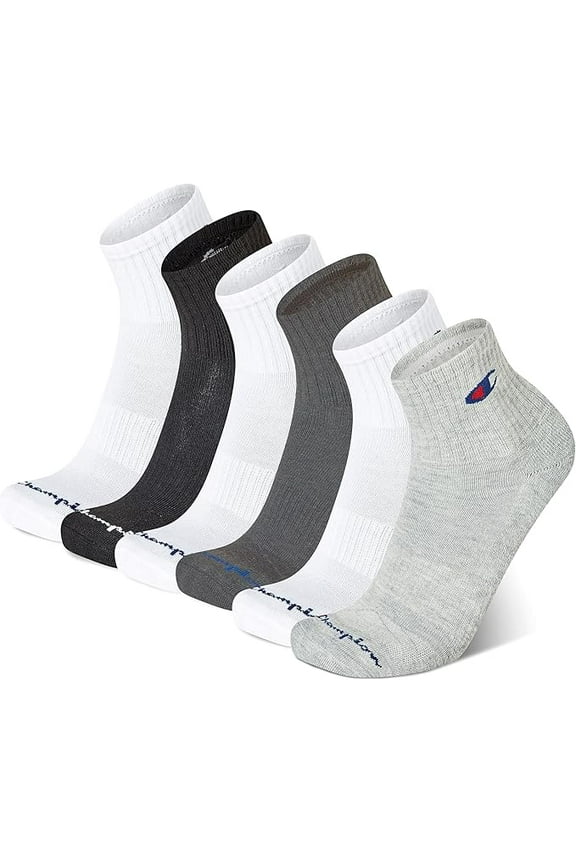 Mens Performance Cushion High Quarter Socks 6-12.5, 6 Pack, Black/White/Grey