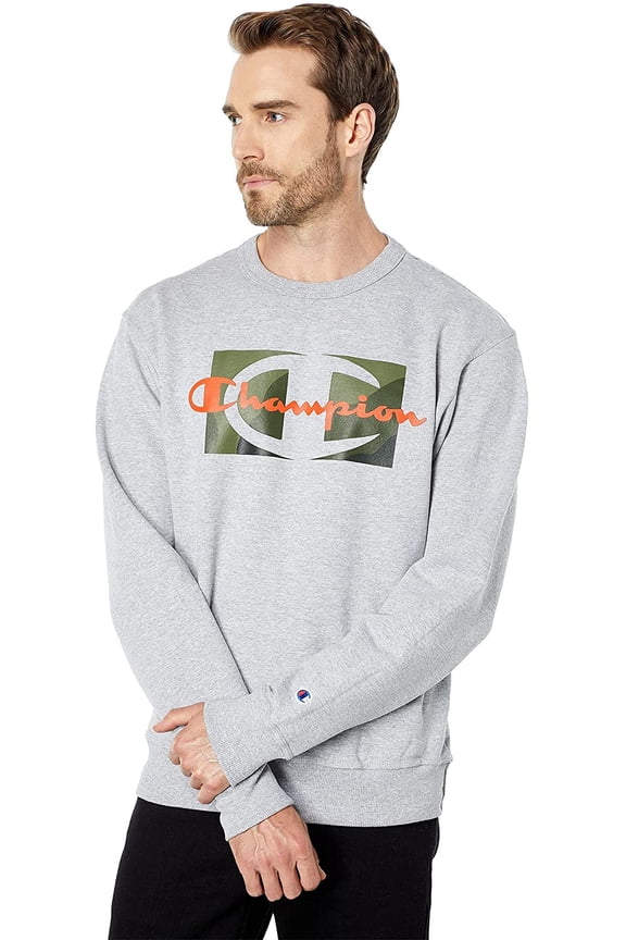 Mens Powerblend Fleece Crew, Double Logo Small Oxford Gray-586585