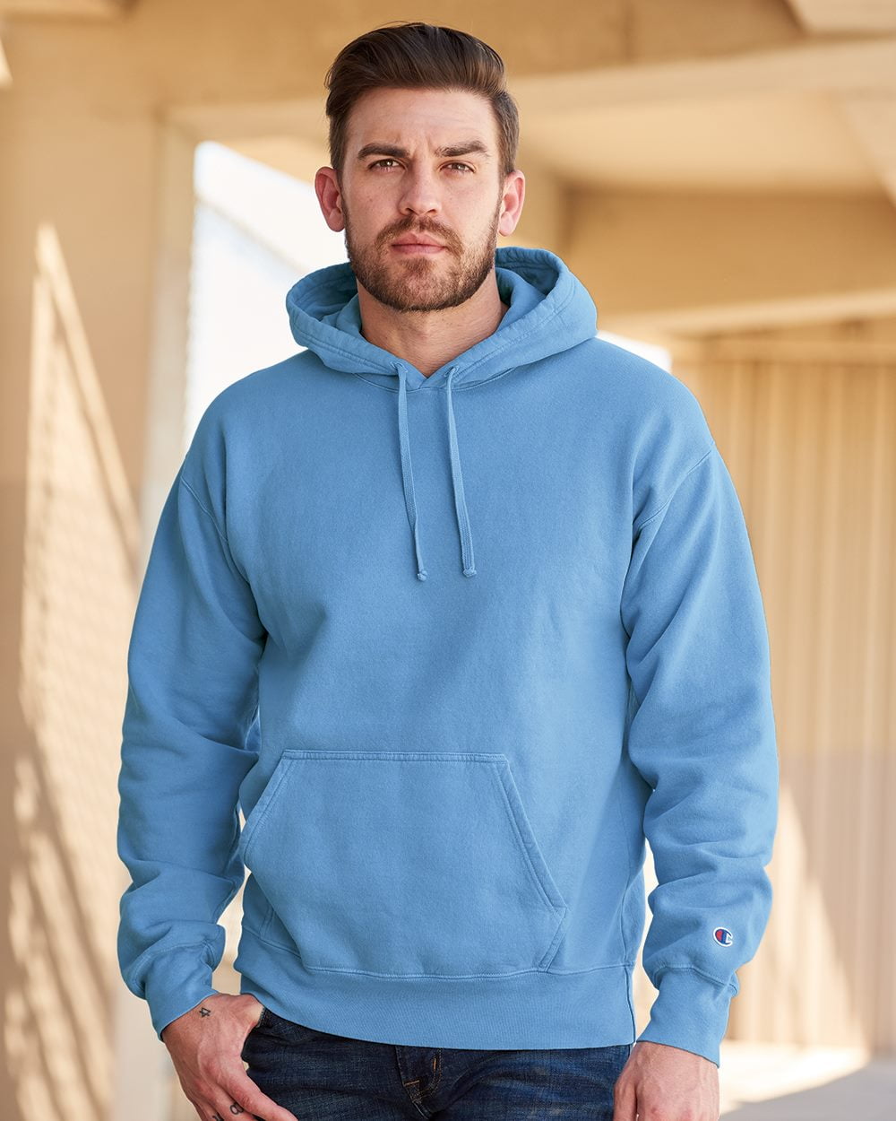 pale blue champion hoodie