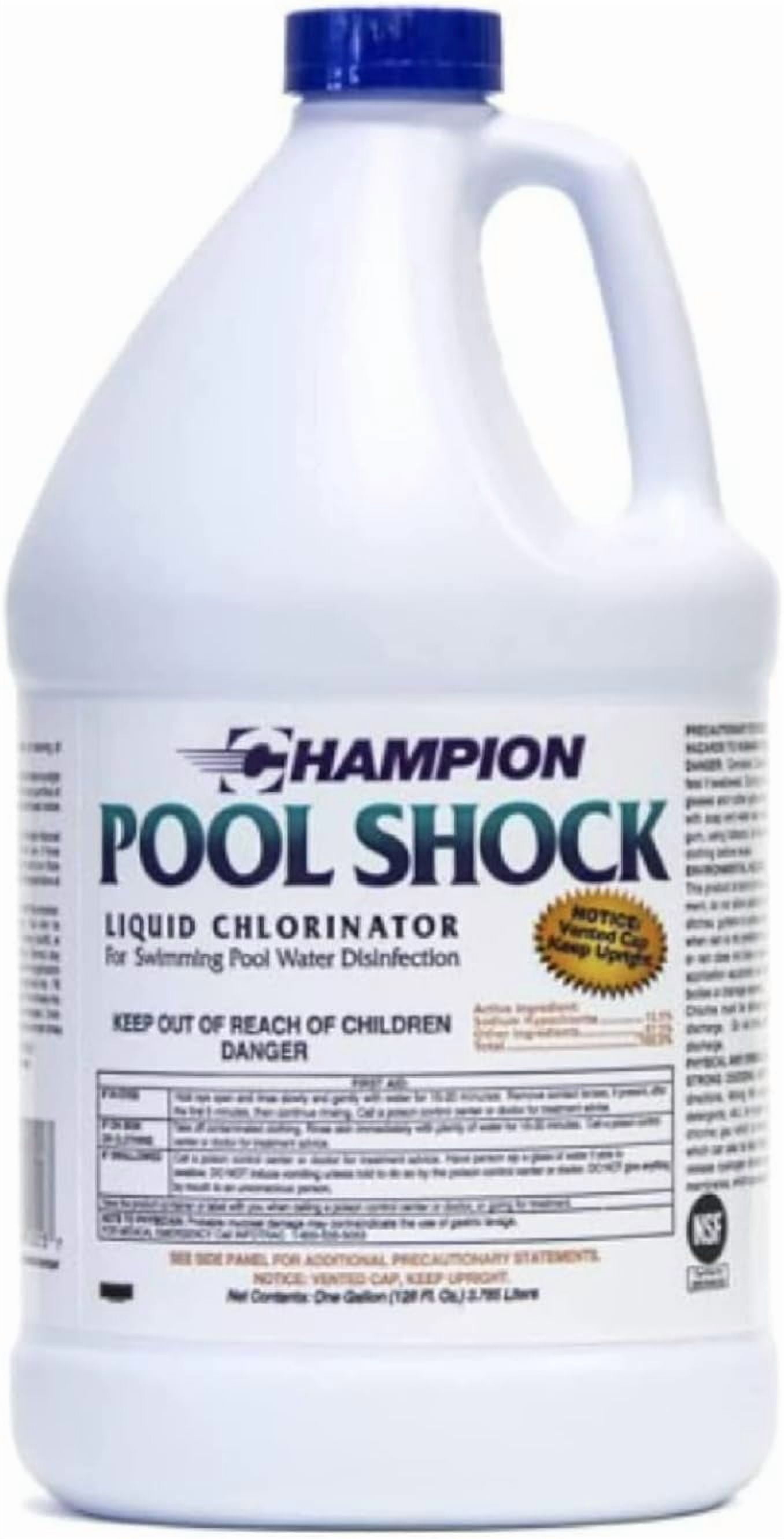 Champion Pool Shock, 12.5% Liquid Chlorinator for Swimming Pools, 1 Gallon - Fast-Acting Sodium Hypochlorite Sanitizer, Ready to Use, Non-Staining, Non-Scaling, Commercial Grade