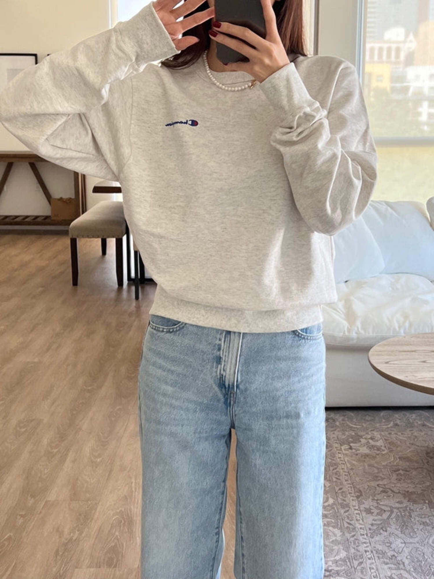 Champion Powerblend Fleece Crew Script Logo Oatmeal Heather GF88H