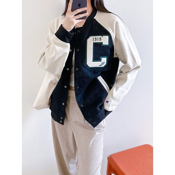 Champion Premium Letterman Big C Logo Varsity Style Jacket Black/Cocoa V79525 586EPB A8IR