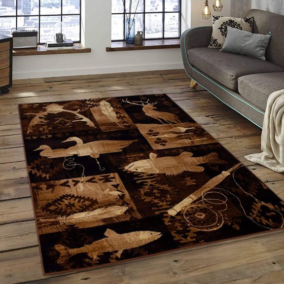 Champion Rugs CR Wildlife Nature Cabin Style Area Rug Fish Duck & Deer Country Lodge Design #152 (7 Feet 8 Inch X 10 Feet 8 Inch)