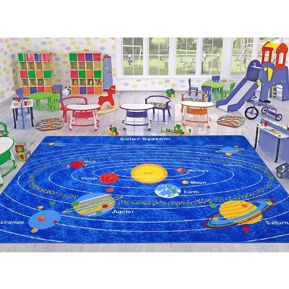 Champion Rugs Kids Rug Educational Learning Carpet Galaxy Planets Stars Blue Children's Fun Area Rug Nursery Rugs Solar System Rug (8 X 10)