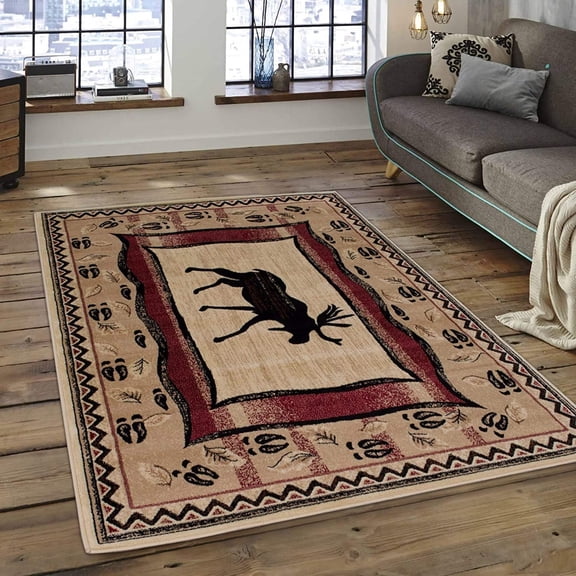 Champion Rugs Rustic Lodge Log Cabin Decor Elk Deer Moose Area Rug Carpet (3 Feet 10 Inch X 5 Feet 2 Inch)