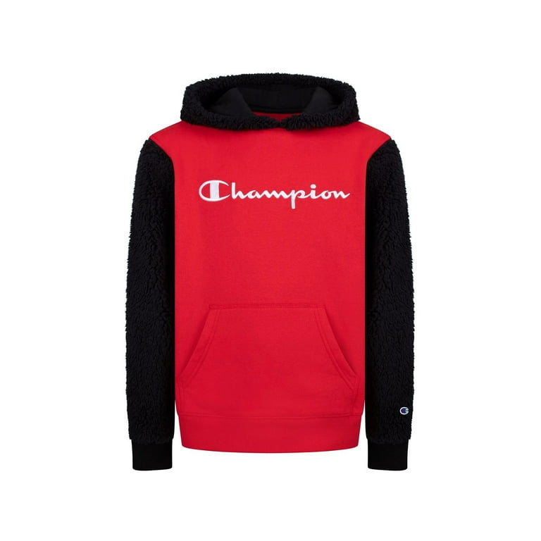 Champion SCARLET BLACK Big Boys Sherpa Colorblocked Logo Hoodie US Large
