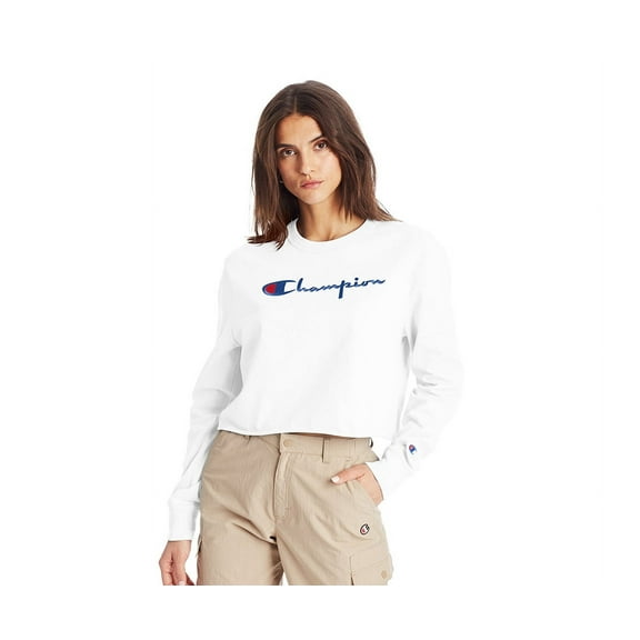 Champion Script Crop Long-Sleeve Womens Active Shirts & Tees Size XS, Color: White