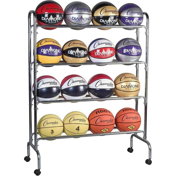 Champion Sports Four Tier Basketball Storage Cart Rack, 16 Ball Capacity (Silver)