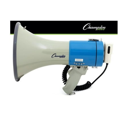 Champion Sports Megaphone with Siren, Handheld Microphone, Shoulder Strap, Powerful Bullhorn Loudspeaker with Adjustable Volume Control for Sport Events, Concerts, Crowd Control, White/Blue, 18 Watt