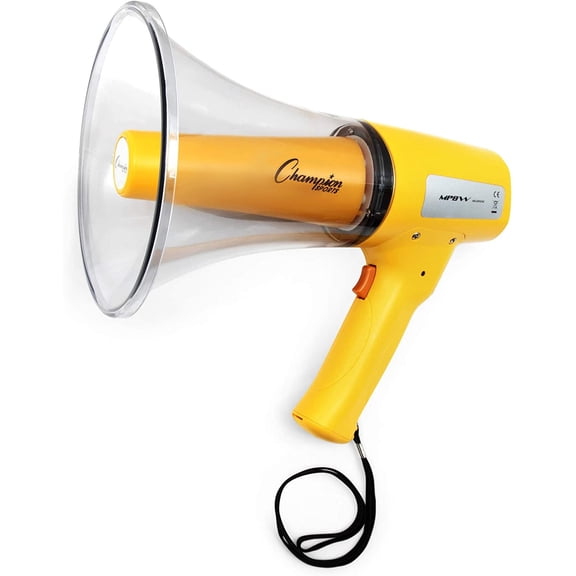 Champion Sports Megaphone with Siren, Handheld Microphone, Shoulder Strap, Powerful Bullhorn Loudspeaker with Adjustable Volume Control for Sport Events, Concerts, Crowd Control, Yellow, 8 Watts