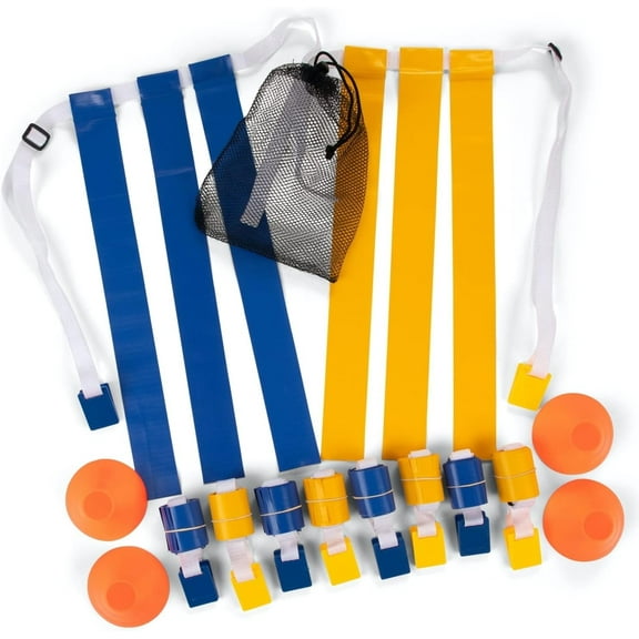 Deluxe Flag Football Game Set: Champion Sports Flag Football Equipment - Game Sets with 5 Blue Flag Football Belts, 5 Yellow Flag Football Belts, 4 Orange Disc Cones and Mesh Carrying Bag