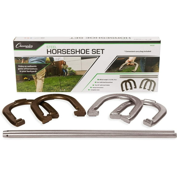 Champion Sports Tournament Horseshoe Set: Classic Outdoor Lawn Game includes Two Chrome & Two Brass Plated Professional Horseshoes with Solid Steel Stakes & Carrying Case