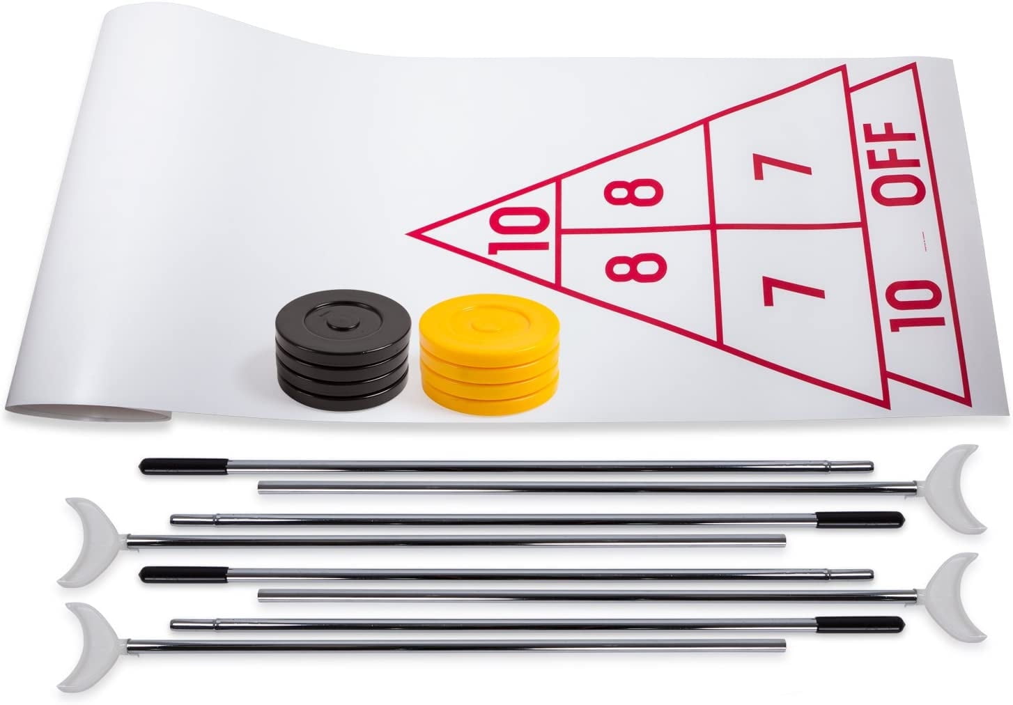 Champion Sports Economy Shuffleboard Set: Indoor Outdoor Game - 8 Pucks 4 Cue Sticks & Plastic Court, 30 x 180"