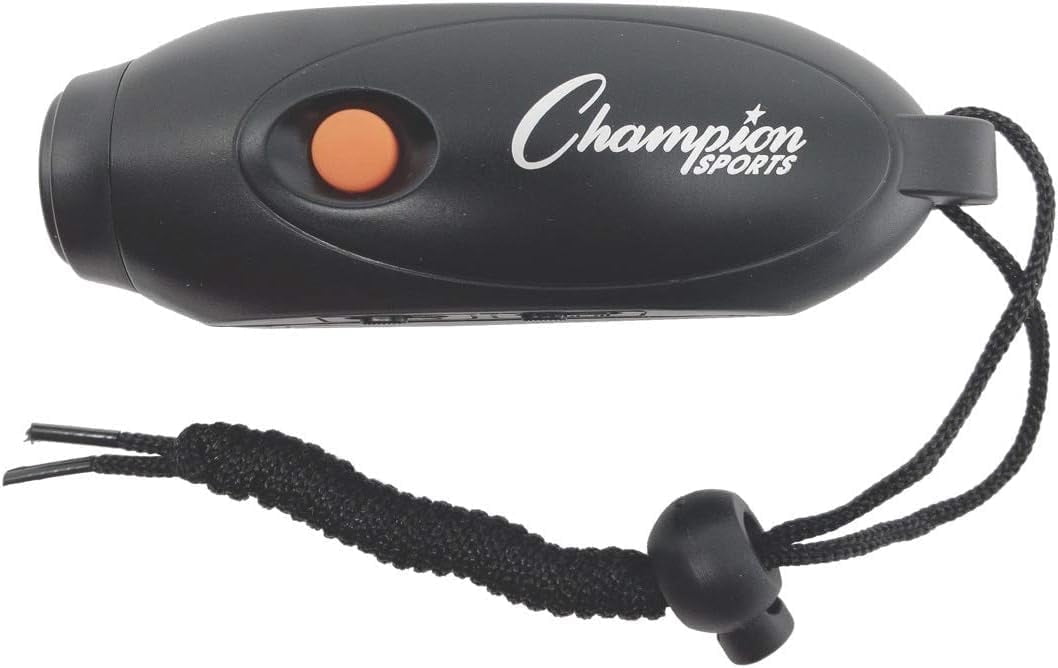 Champion Sports Electronic Hand Whistle, Three Tone-for Sports Coach, Referee, PE Teacher, Lifeguard, & Personal Use -Push Button, Handheld, Indoor and Outdoor, Adjustable Volume & Wrist Strap Black