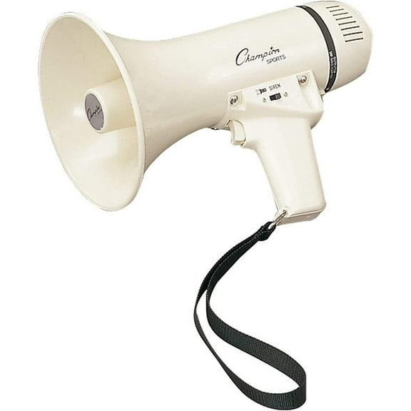 Champion Sports Megaphone with Siren, Handheld Microphone, Shoulder Strap, Powerful Bullhorn Loudspeaker with Adjustable Volume Control for Sport Events, Concerts, Crowd Control, White, 4 Watts