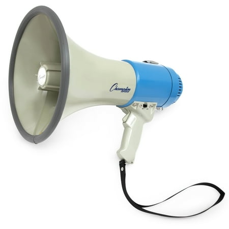 Champion Sports Megaphone with Siren, Handheld Microphone, Shoulder Strap, Powerful Bullhorn Loudspeaker with Adjustable Volume Control for Sport Events, Concerts, Crowd Control, White/Blue, 12 Watts