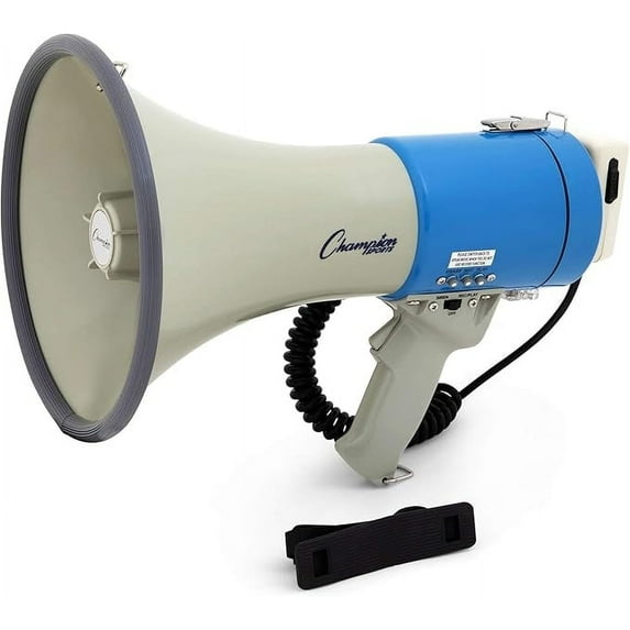 Champion Sports Megaphone with Siren, Handheld Microphone, Shoulder Strap, Powerful Bullhorn Loudspeaker with Adjustable Volume Control for Sport Events, Concerts, Crowd Control, White/Blue, 18 Watt