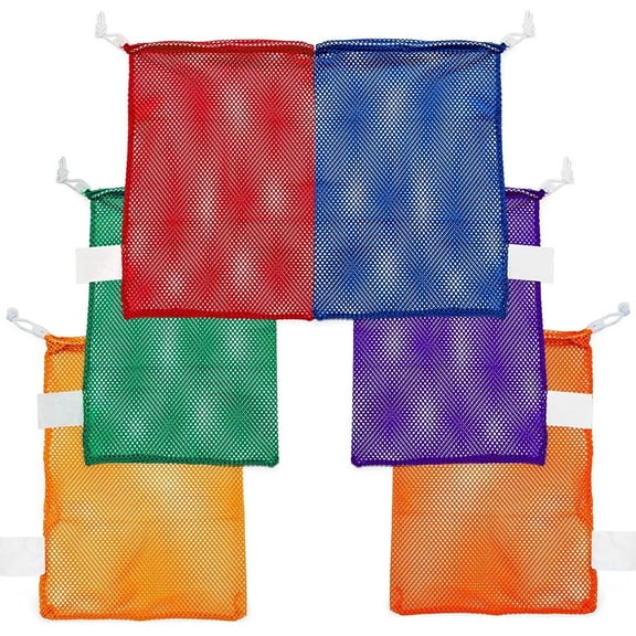 Champion Sports Mesh Sports Equipment Bag- Assorted Set of 6, 12" X 18"- Multipurpose, Nylon Drawstring Bag with Lock and ID Tag, for Balls, Swimming Gear, Laundry, Toys - Breathable Stuff Sack