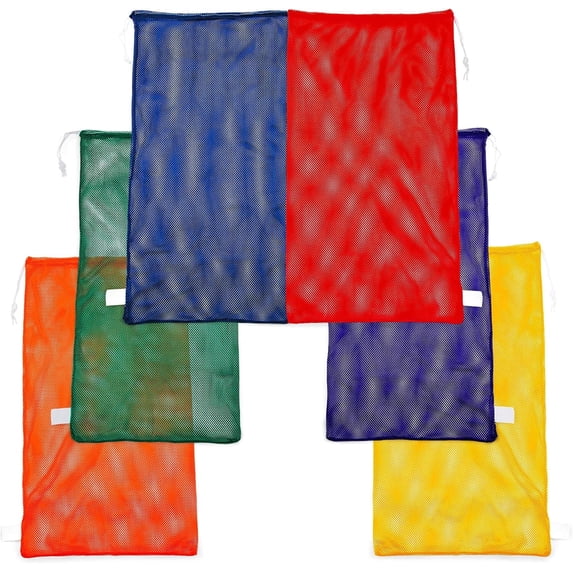 Champion Sports Mesh Sports Equipment Bag- Assorted Set of 6, 24" X 48"- Multipurpose, Nylon Drawstring Bag with Lock and ID Tag, for Balls, Swimming Gear, Laundry, Toys - Breathable Stuff Sack