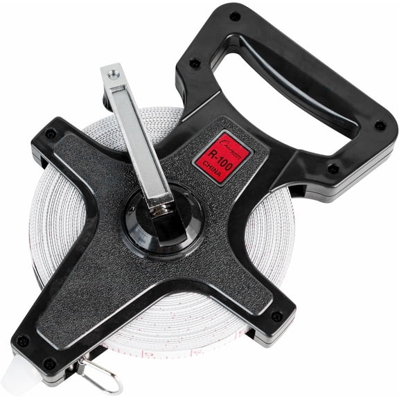Champion Sports Open Reel Fiberglass Tape Measure, 100 ft (30 m), Metal Spike, Hand Crank, Feet/Meters
