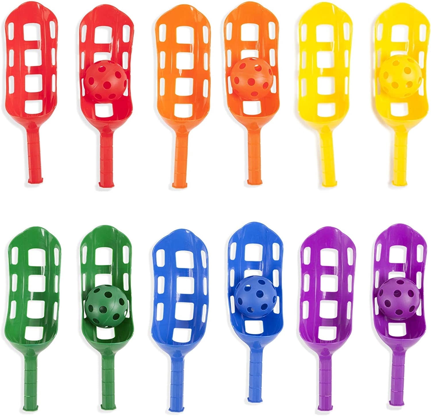 Champion Sports Scoop Ball Game Set, Plastic, Two Per 6 Assorted Colors, 12 Scoops, 6 Balls