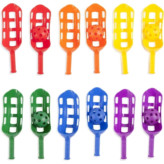 Champion Sports Scoop Ball Game Set, Plastic, Two Per 6 Assorted Colors, 12 Scoops, 6 Balls