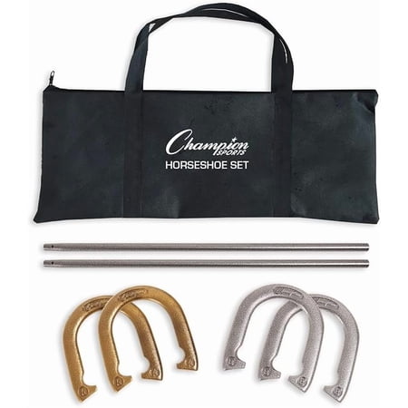 Champion Sports Classic Horseshoe Set:Traditional Outdoor Lawn Gameincludes Four Professional Solid Steel Horseshoeswith Solid Steel Stakes&Carrying Case
