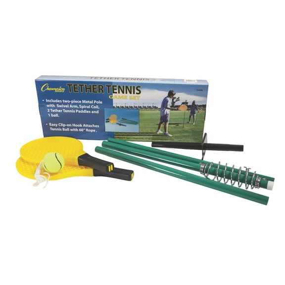 Champion Sports TTGAME Tetherball Tennis: Swingball Outdoor Lawn Game for Kids, Adults, and Families - Backyard Tether Kit with Tennis Ball and Paddle Set