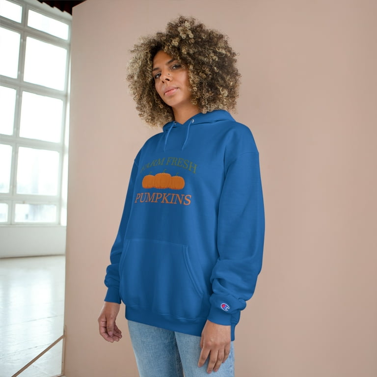 World Fine Champion Streetwear Heritage Hoodie Get Pick Up Fall Fresh Farm Pumpkins Adult Unisex Size Medium Blue