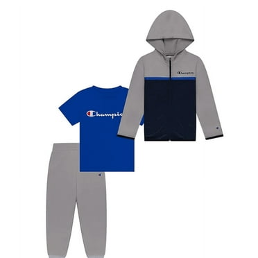 Champion Boy's Toddler 3-Piece Active Hoodie, Jogger & T-Shirt Set (Heather Navy/Bozetto Blue, 4T)