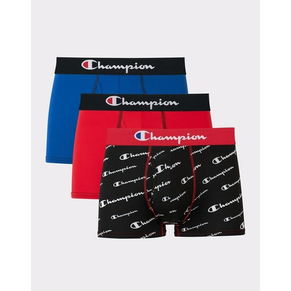Champion Trunks Pack Moisture Wicking Lightweight Stretch 3-Pack - CHTRP1 (Scarlet/Blue/Black Script Print, 2XL)